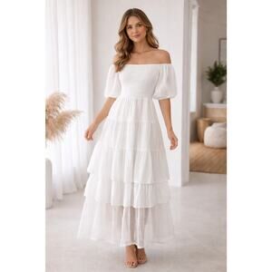 J Gee Maxi Dress Womens Medium White Smocked Boho Cottagecore Prairie